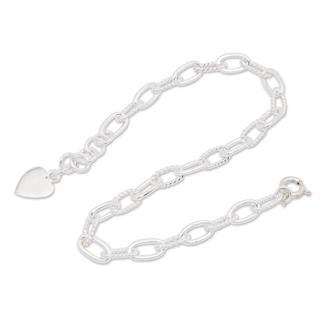 Modern Rope Sterling Silver Bracelet with Heart Charm - Interconnected Heart