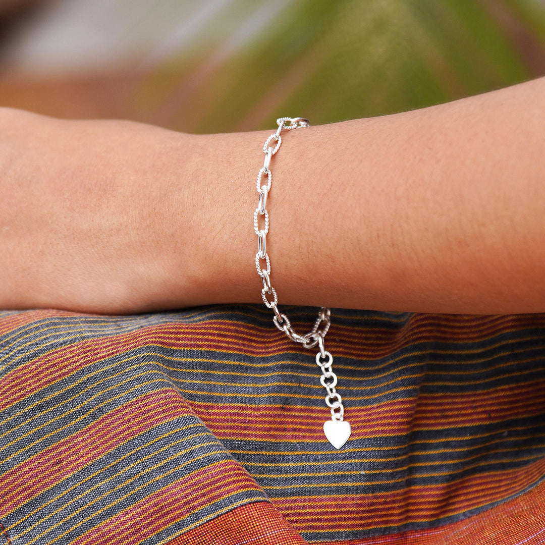Modern Rope Sterling Silver Bracelet with Heart Charm - Interconnected Heart