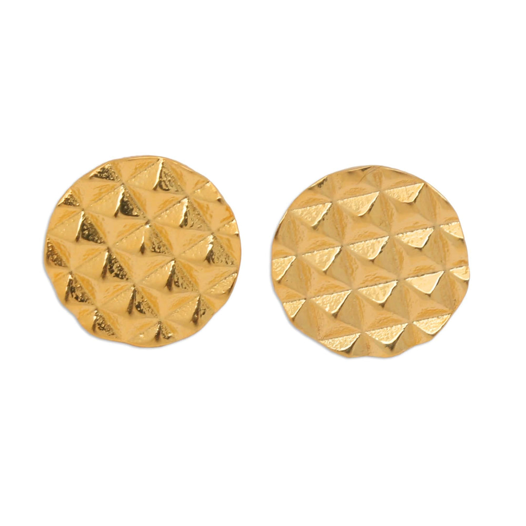 Geometric Round 18k Gold-Plated Stud Earrings from Bali - Pyramidal World