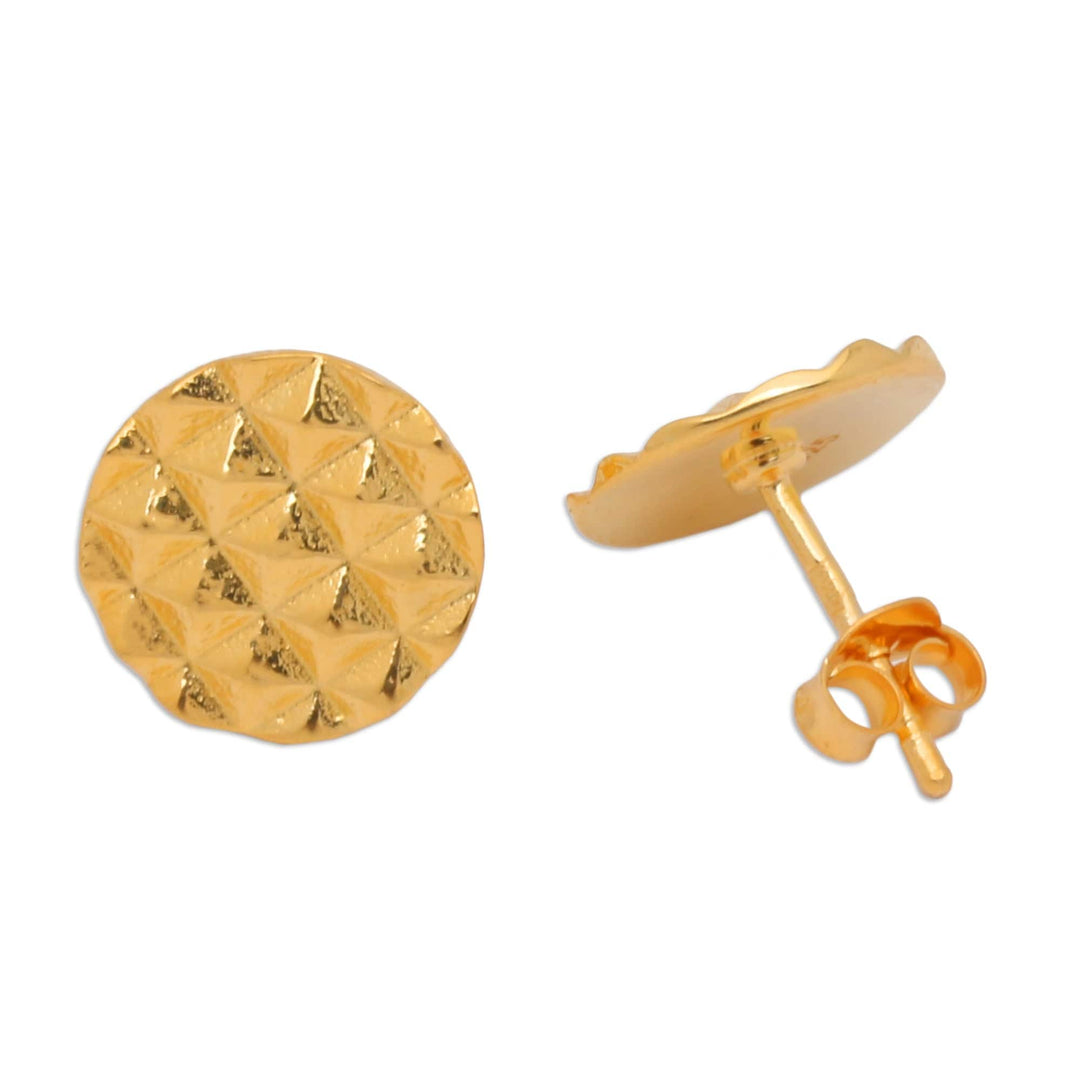 Geometric Round 18k Gold-Plated Stud Earrings from Bali - Pyramidal World