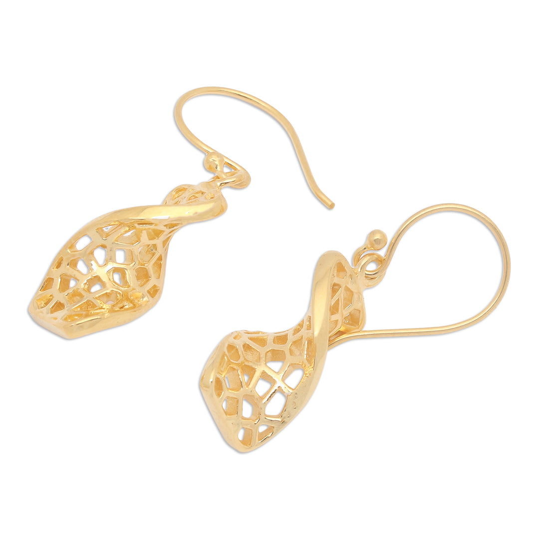 Polished Modern 18k Gold-Plated Dangle Earrings from Bali - Dancing Net