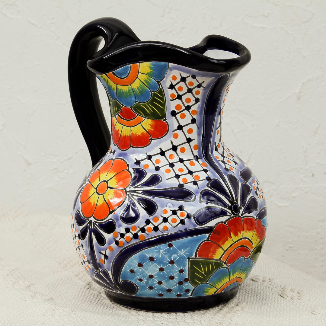 Hand-Painted Talavera Style Ceramic Pitcher from Mexico - Raining Flowers