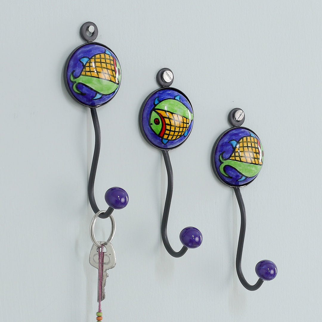 Set of 3 Ceramic Coat Hooks with Hand-Painted Fish Motifs - Fish Fantasy