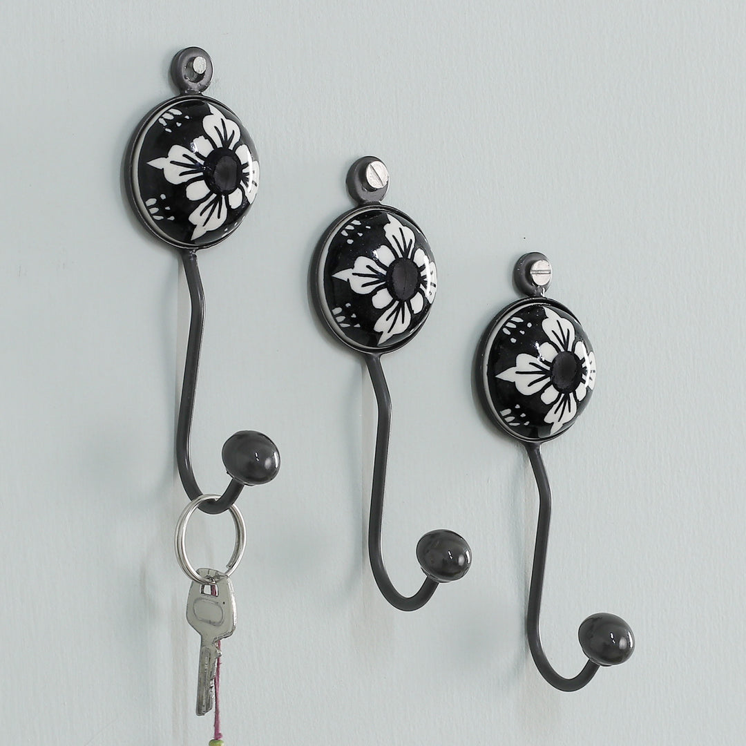 Set of 3 Ceramic Coat Hooks with Hand-Painted Floral Accents - Floral Midnight