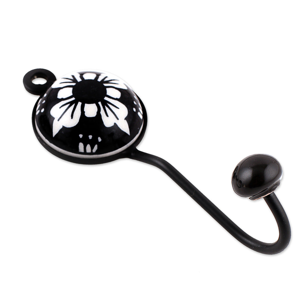 Set of 3 Ceramic Coat Hooks with Hand-Painted Floral Accents - Floral Midnight