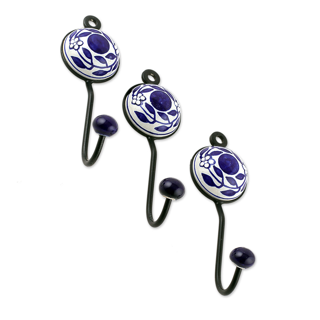 Set of 3 Hand-Painted Ceramic Floral and Leaf Coat Hooks - Blue Appeal