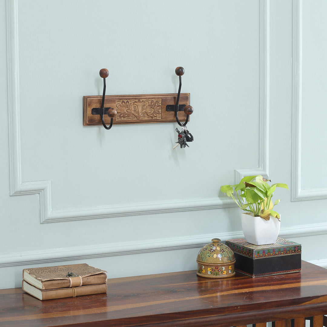 Hand-Carved Beech Wood and Iron Floral Coat Rack from India - Classic Style