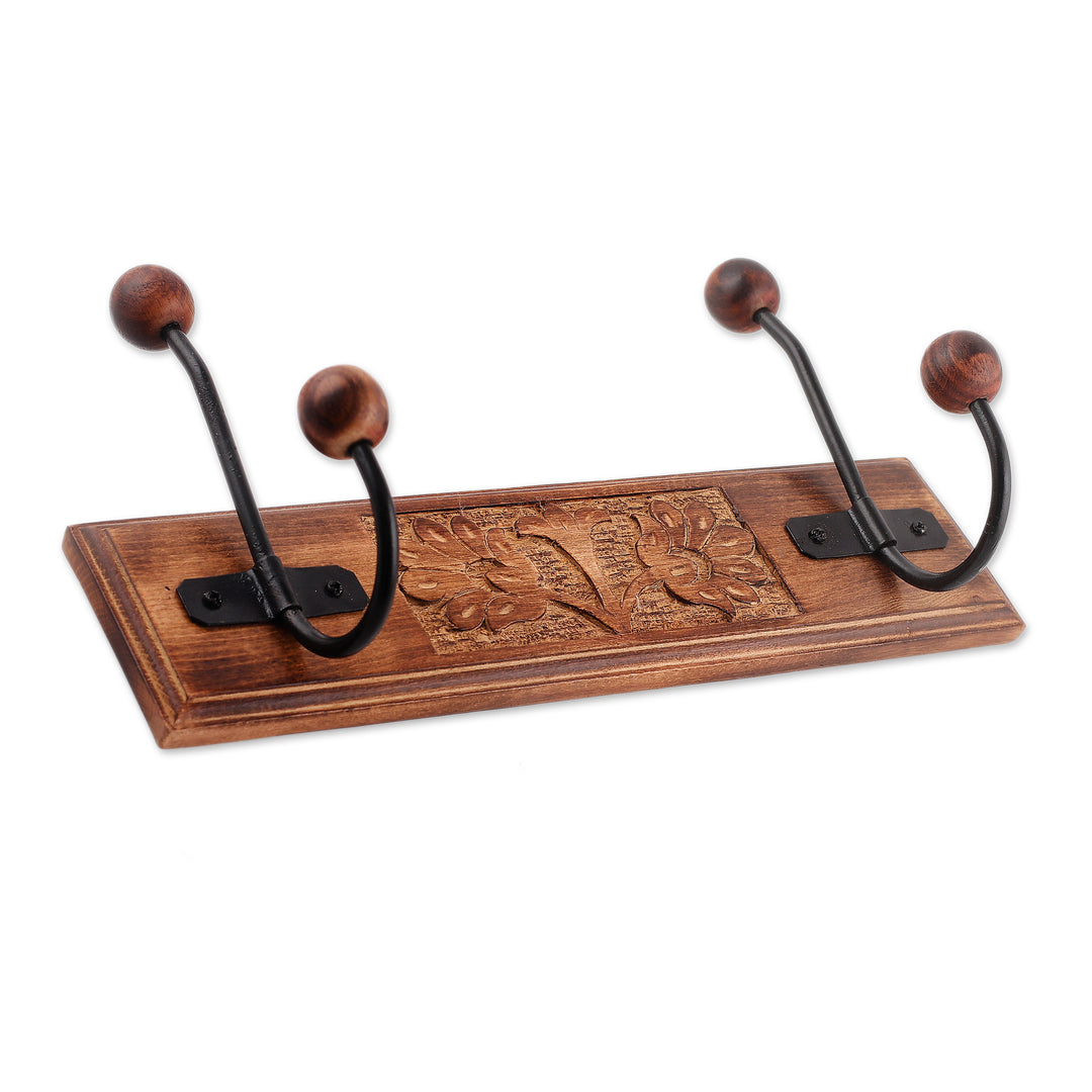 Hand-Carved Beech Wood and Iron Floral Coat Rack from India - Classic Style