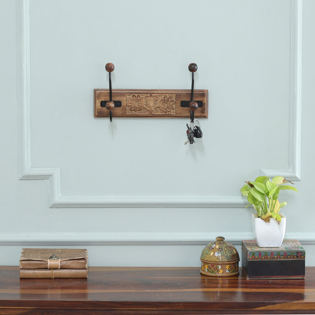 Hand-Carved Beech Wood and Iron Floral Coat Rack from India - Classic Style