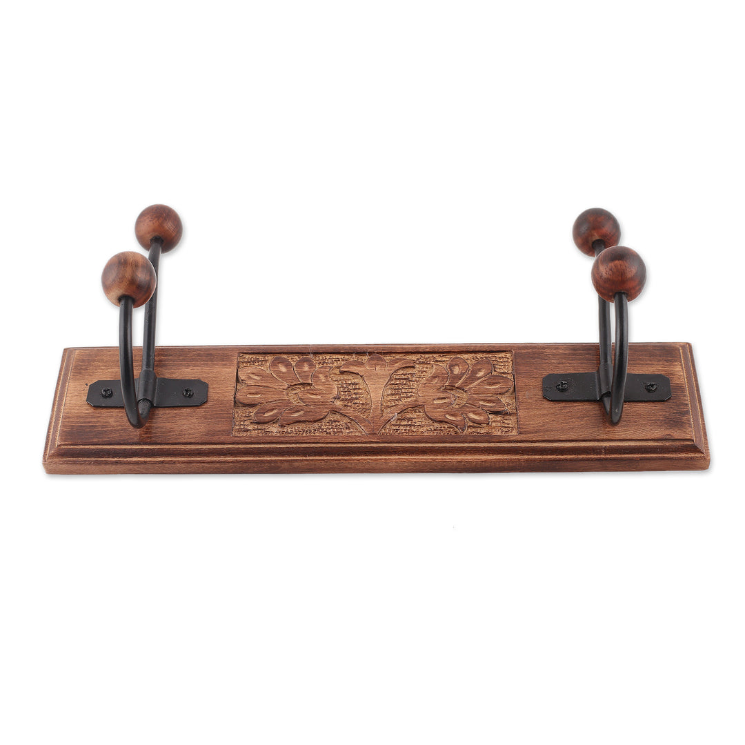 Hand-Carved Beech Wood and Iron Floral Coat Rack from India - Classic Style