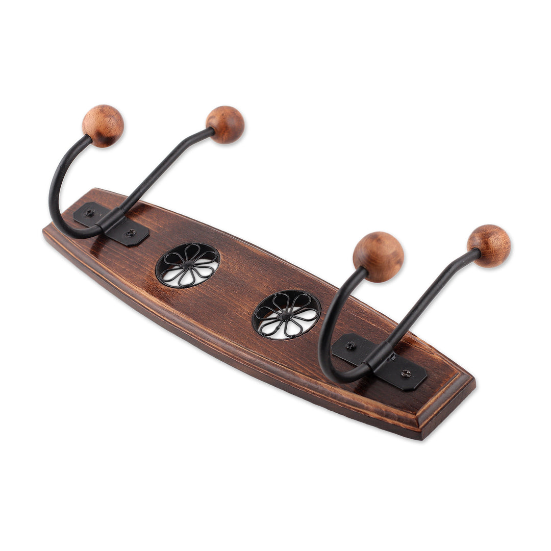 Wood Iron Coat Rack Adorned with Floral Jali-Style Openwork - Floral Glory
