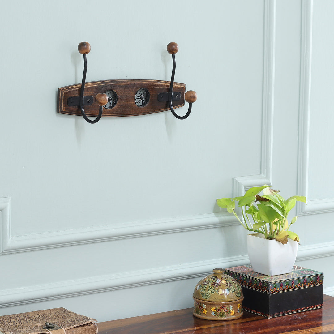 Wood Iron Coat Rack Adorned with Floral Jali-Style Openwork - Floral Glory