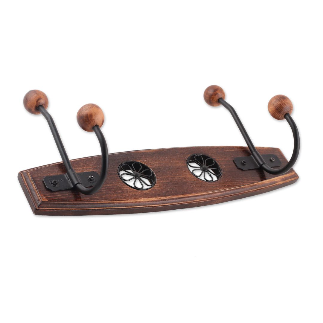 Wood Iron Coat Rack Adorned with Floral Jali-Style Openwork - Floral Glory