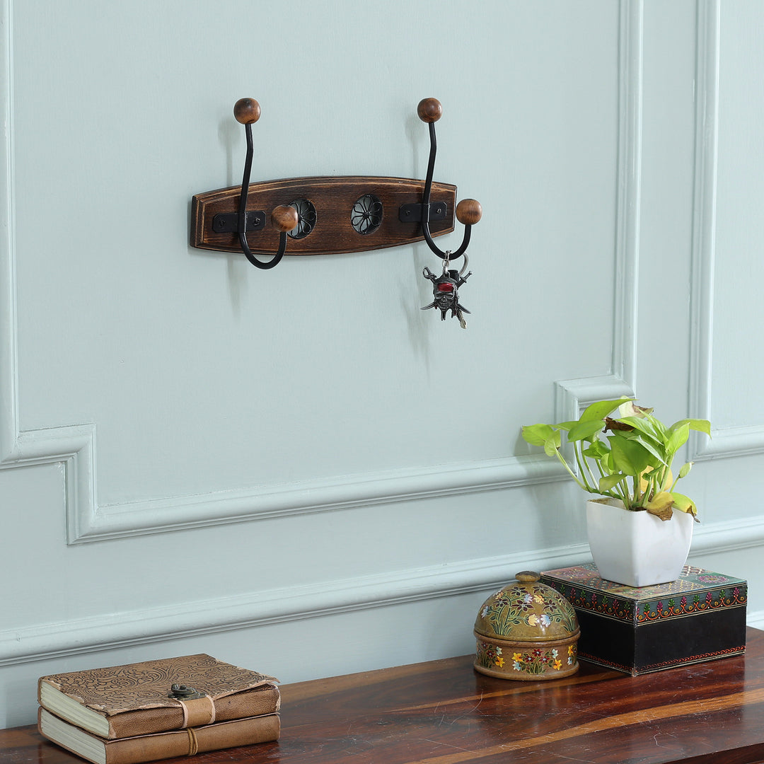 Wood Iron Coat Rack Adorned with Floral Jali-Style Openwork - Floral Glory