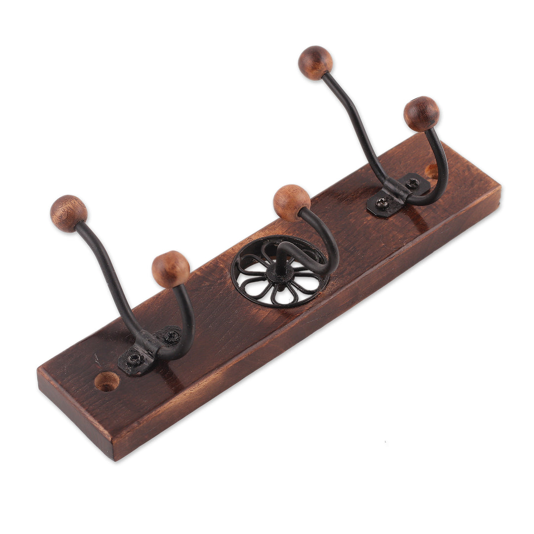 Wood Iron Coat Rack with Floral Jali Style Openwork Accent - Floral Charm