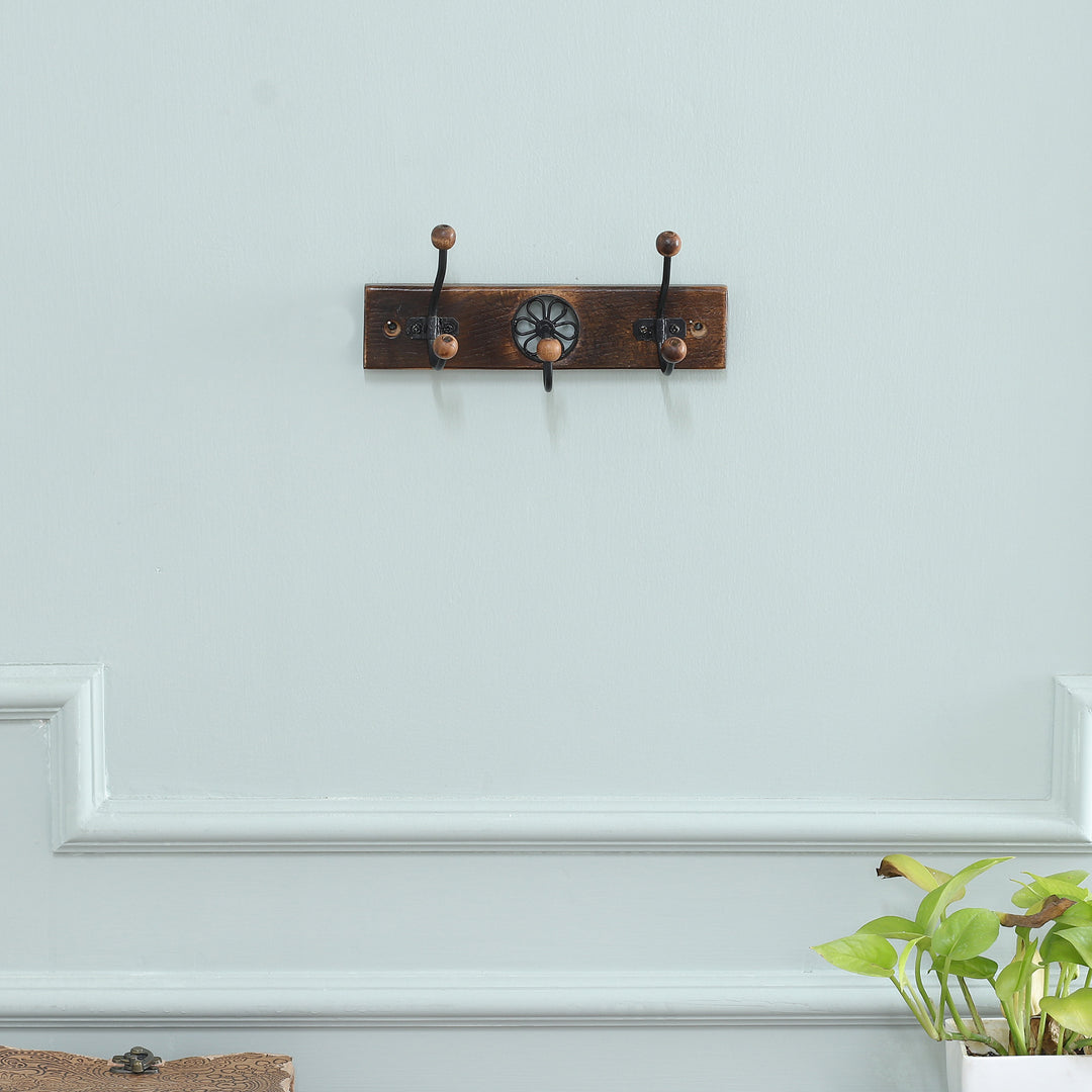 Wood Iron Coat Rack with Floral Jali Style Openwork Accent - Floral Charm