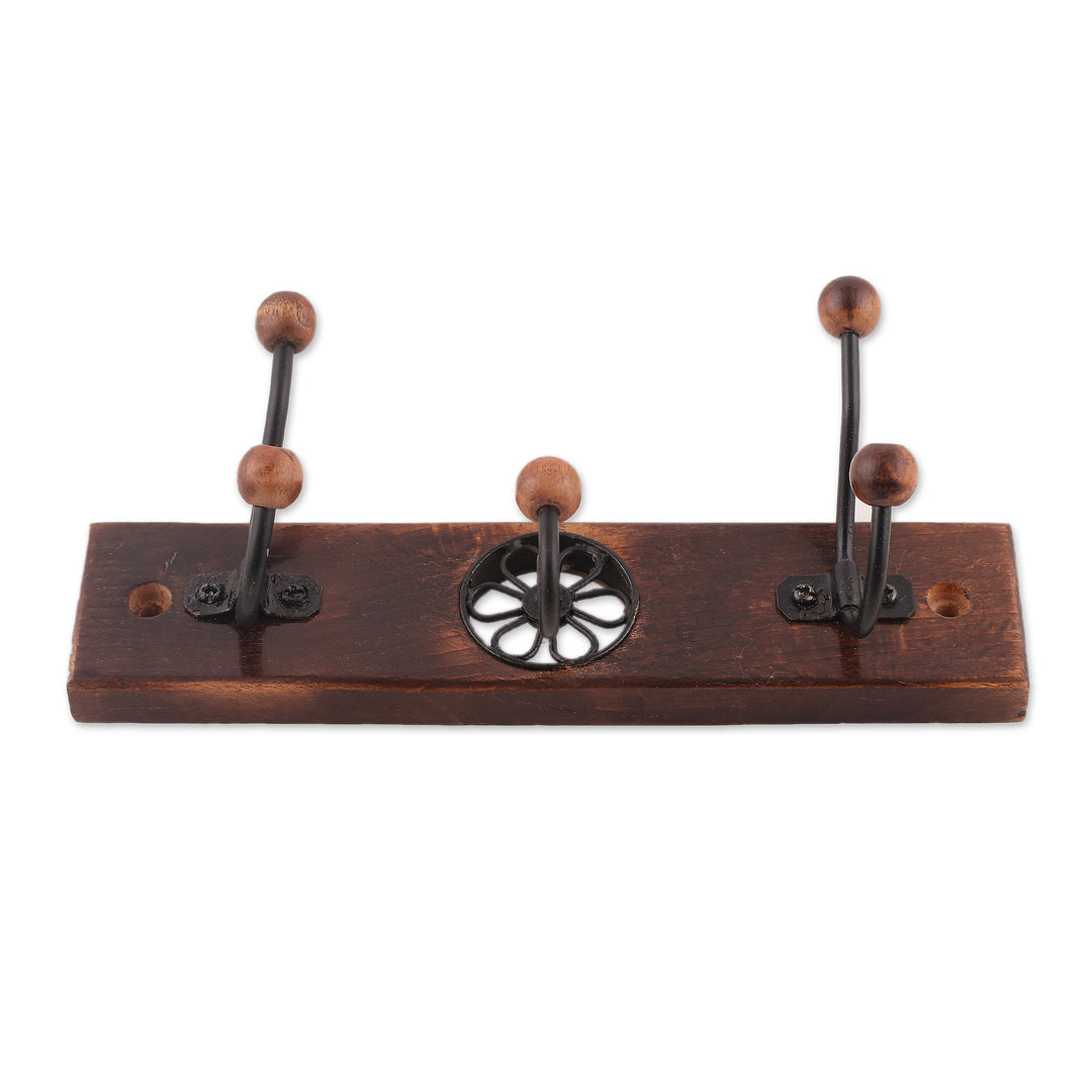 Wood Iron Coat Rack with Floral Jali Style Openwork Accent - Floral Charm