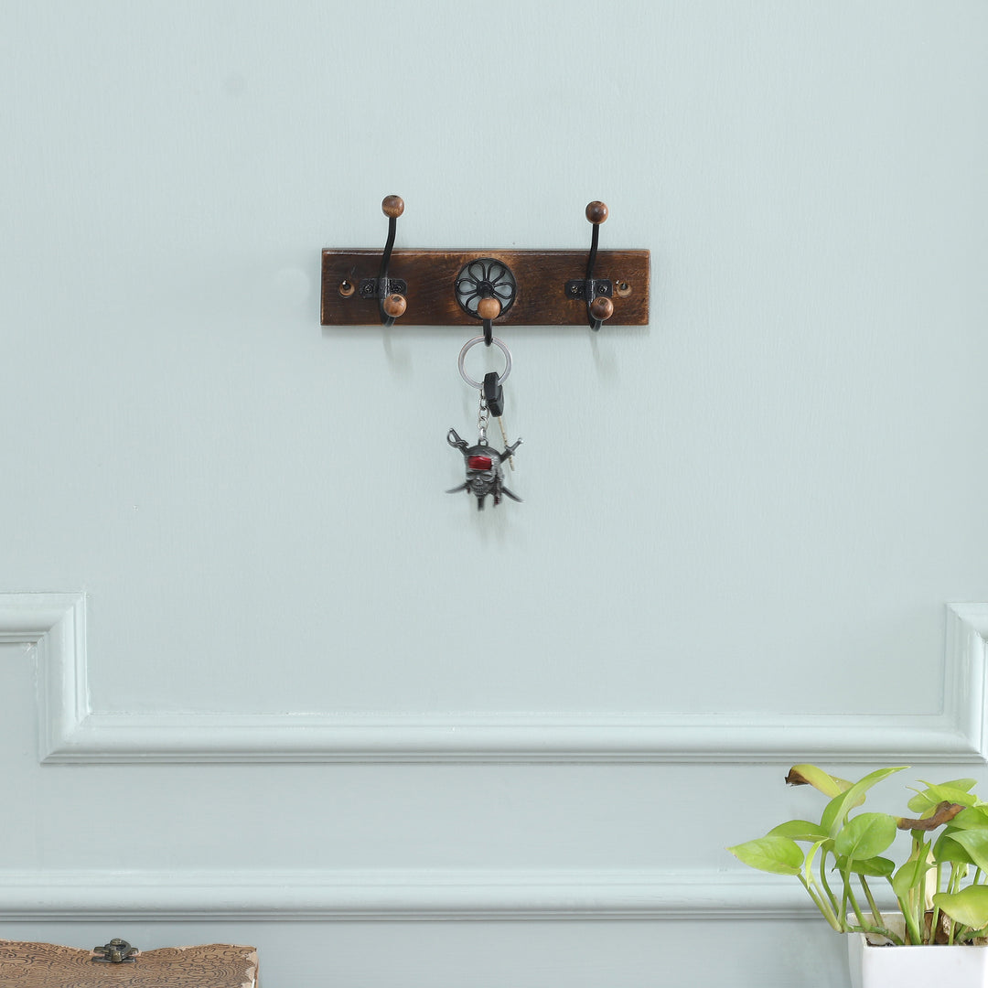 Wood Iron Coat Rack with Floral Jali Style Openwork Accent - Floral Charm