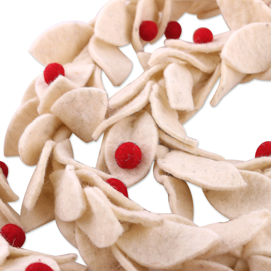 Wool Felt Leaf Holiday Garland in White and Red from India - Winter Decorations