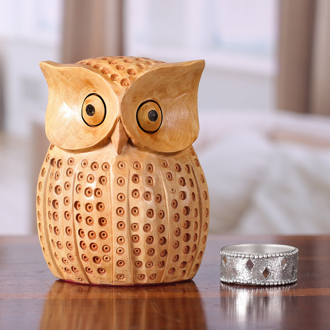 Kadam Wood Sculpture of an Owl Adorned with Dot Accents - King of the Night