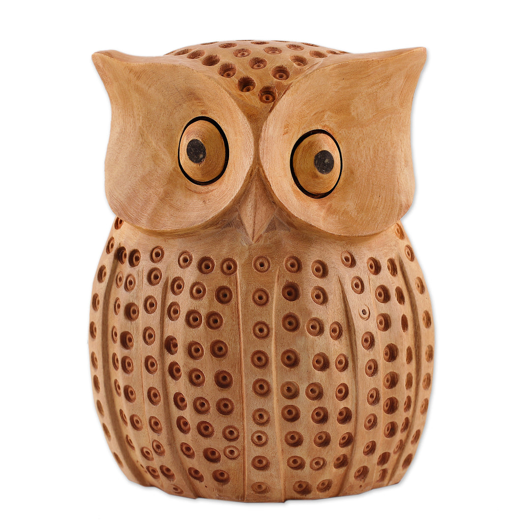 Kadam Wood Sculpture of an Owl Adorned with Dot Accents - King of the Night