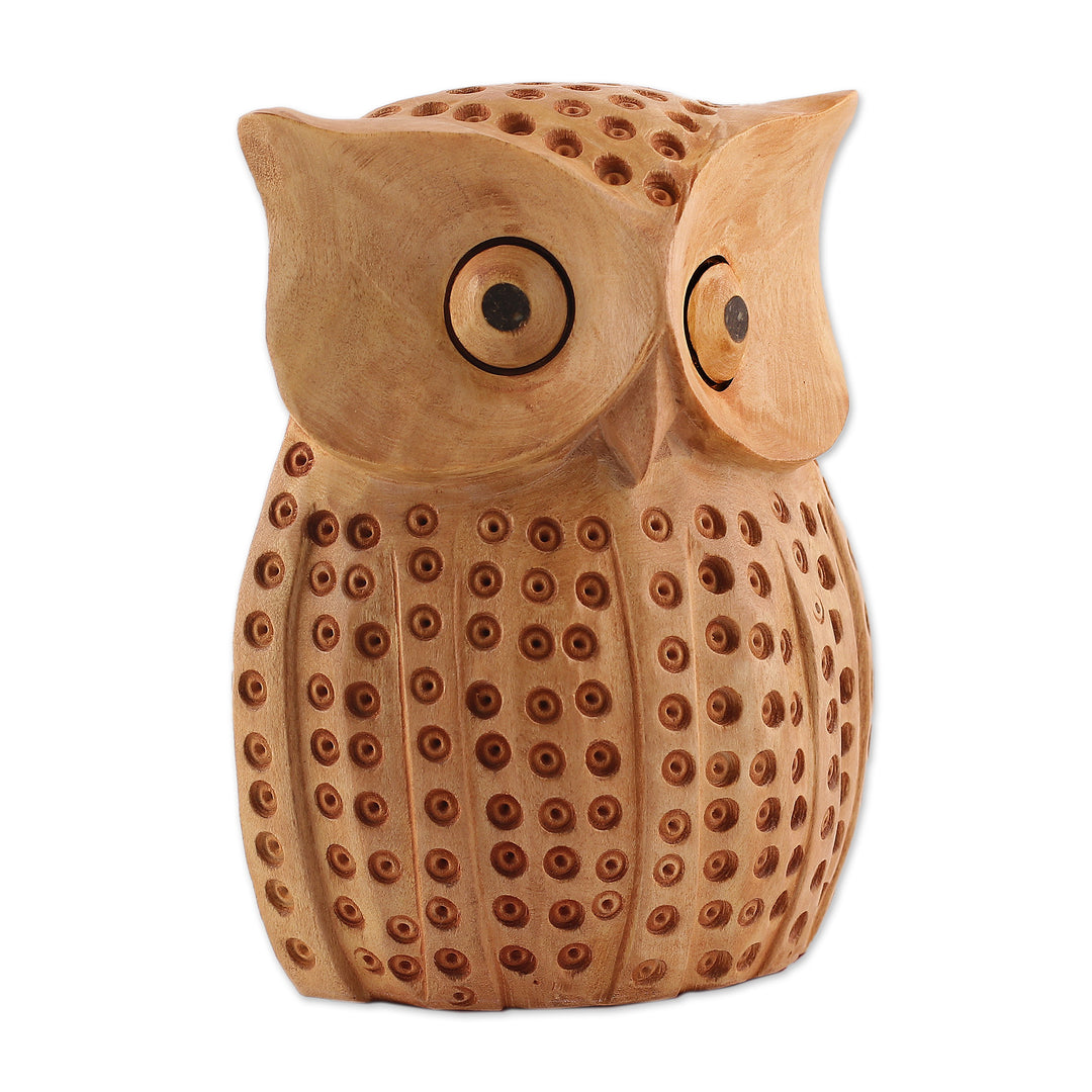 Kadam Wood Sculpture of an Owl Adorned with Dot Accents - King of the Night