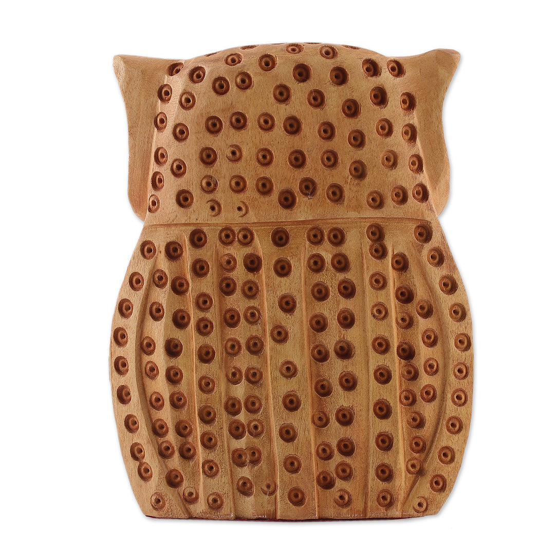 Kadam Wood Sculpture of an Owl Adorned with Dot Accents - King of the Night