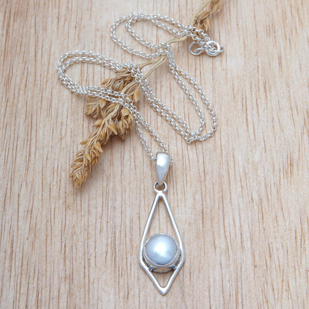 White Cultured Pearl Rose Overtone Silver Pendant Necklace - Luminous Appeal