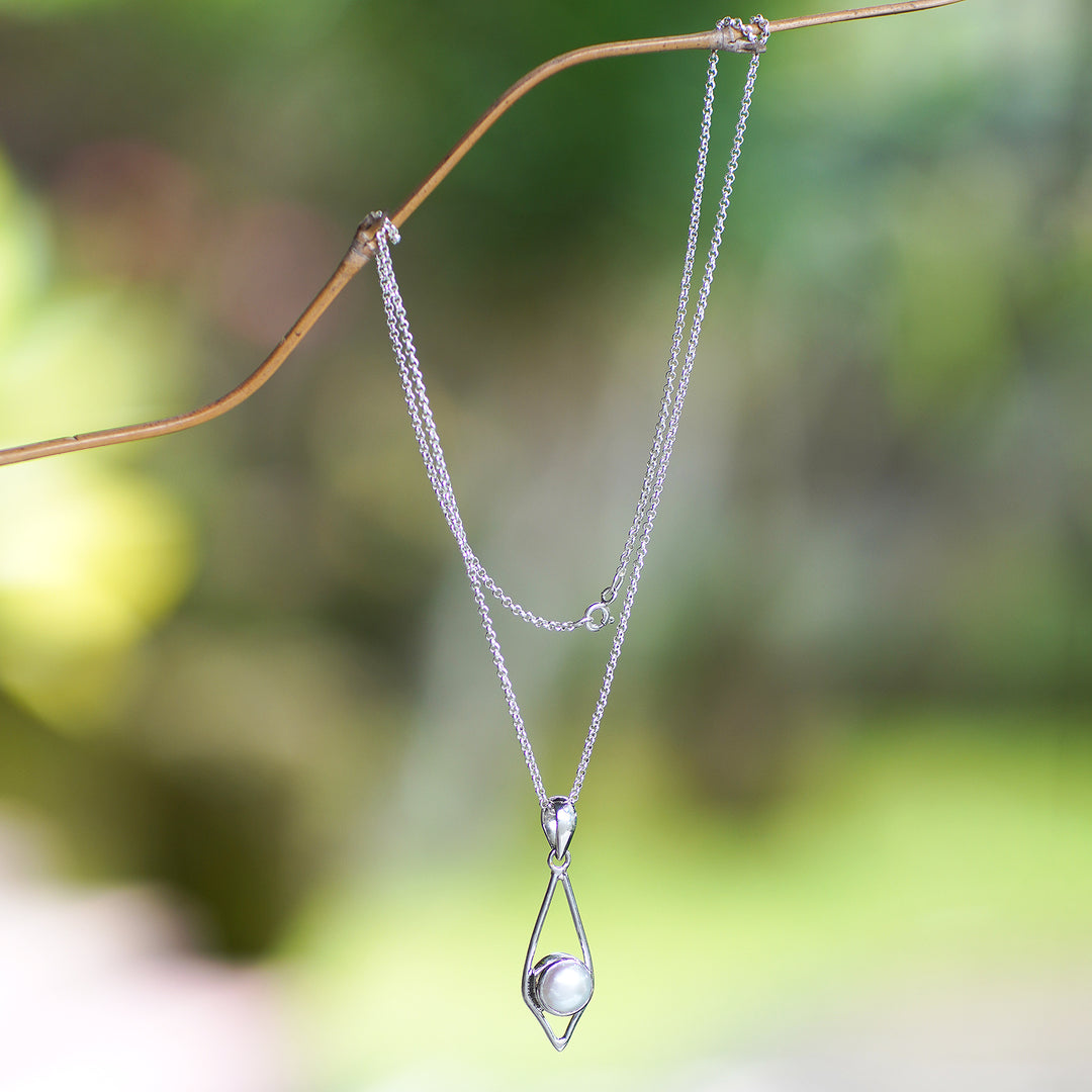 White Cultured Pearl Rose Overtone Silver Pendant Necklace - Luminous Appeal