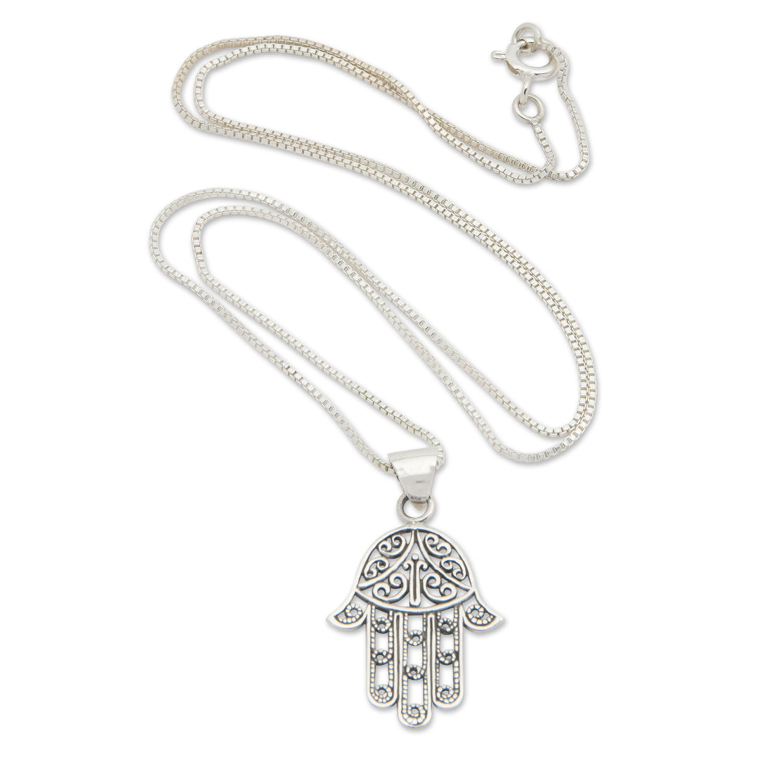 Silver Necklace with Openwork Hamsa Hand Symbol Pendant - Protective Hamsa