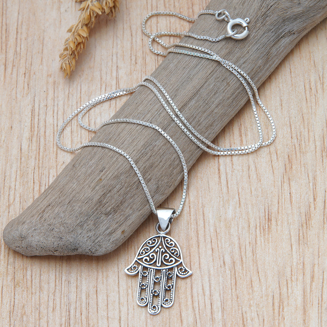 Silver Necklace with Openwork Hamsa Hand Symbol Pendant - Protective Hamsa