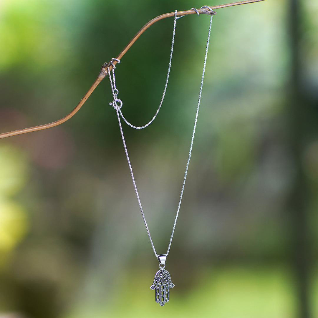 Silver Necklace with Openwork Hamsa Hand Symbol Pendant - Protective Hamsa