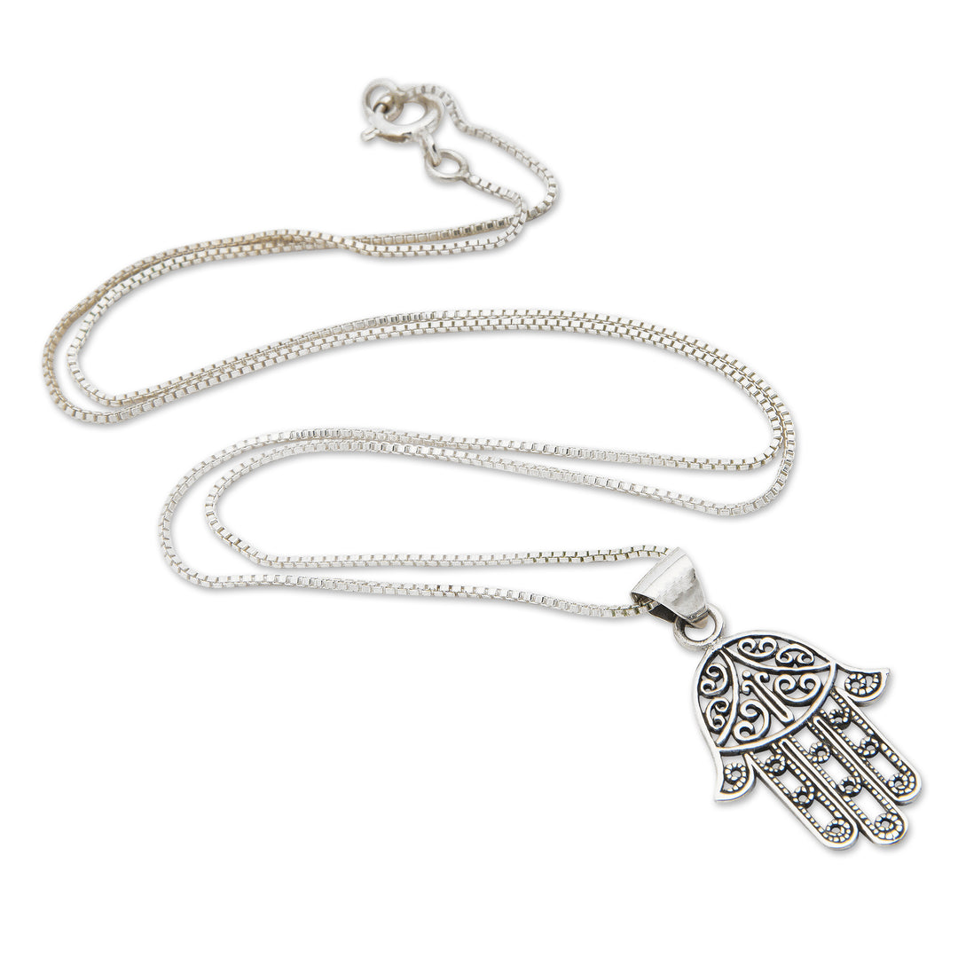 Silver Necklace with Openwork Hamsa Hand Symbol Pendant - Protective Hamsa
