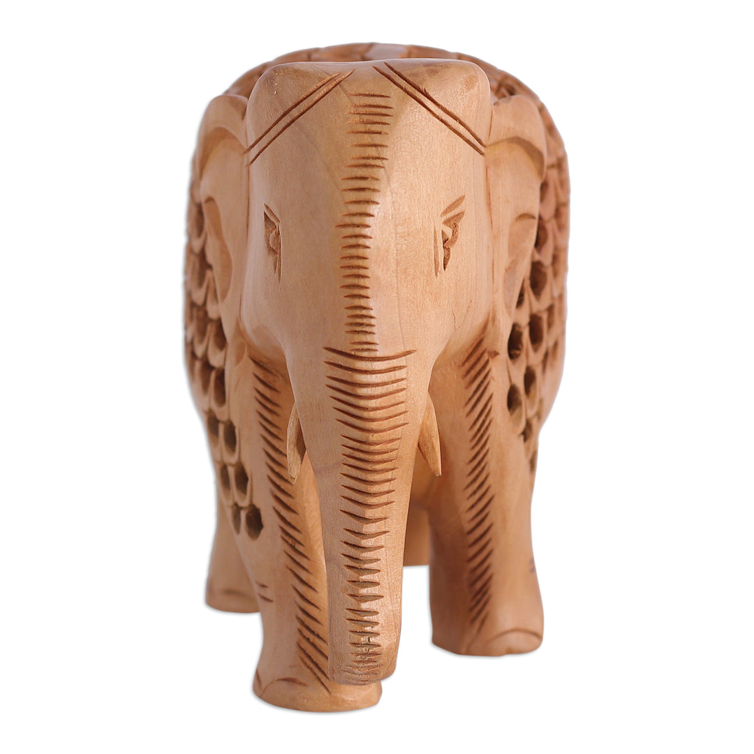 Hand-Carved Jali-Inspired Kadam Wood Elephant Sculpture - Regal Giant