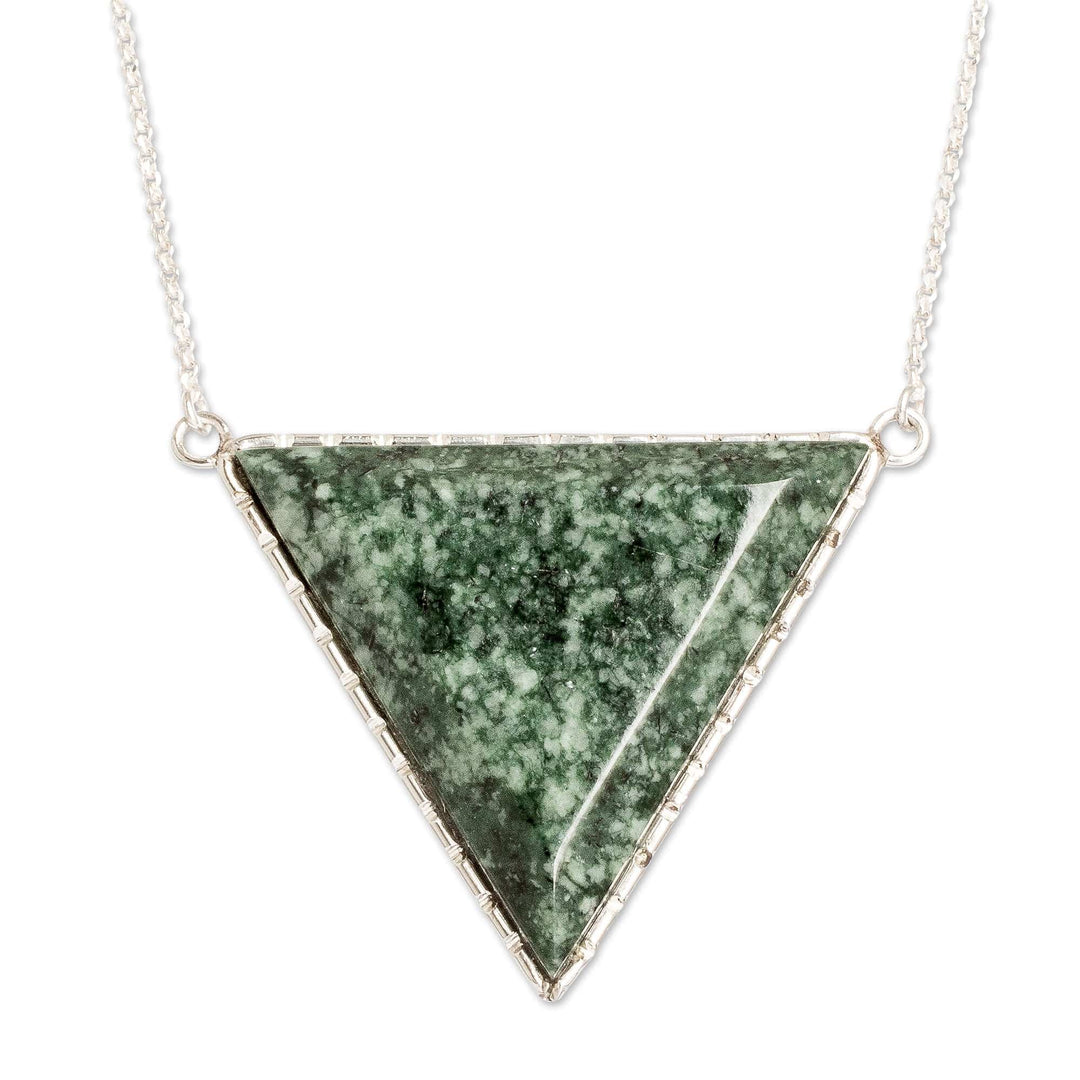 Sterling Silver Necklace with Green Jade Triangle Pendant - Dark Green Triangle