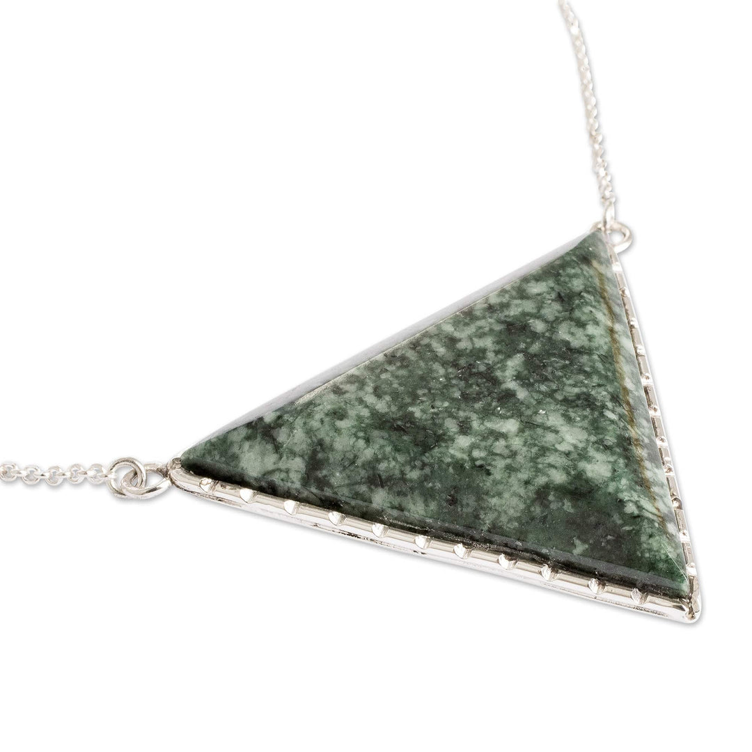 Sterling Silver Necklace with Green Jade Triangle Pendant - Dark Green Triangle