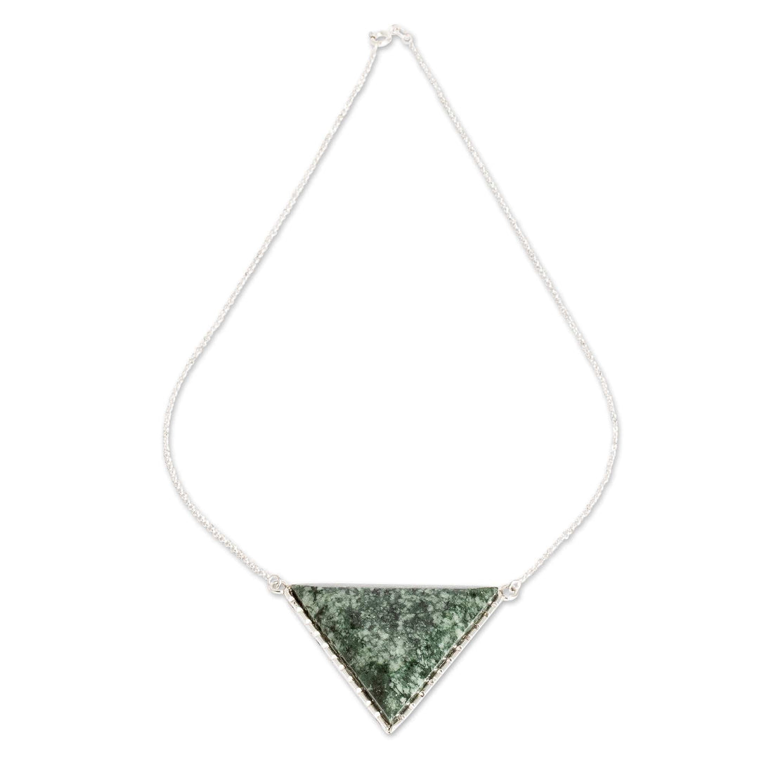 Sterling Silver Necklace with Green Jade Triangle Pendant - Dark Green Triangle