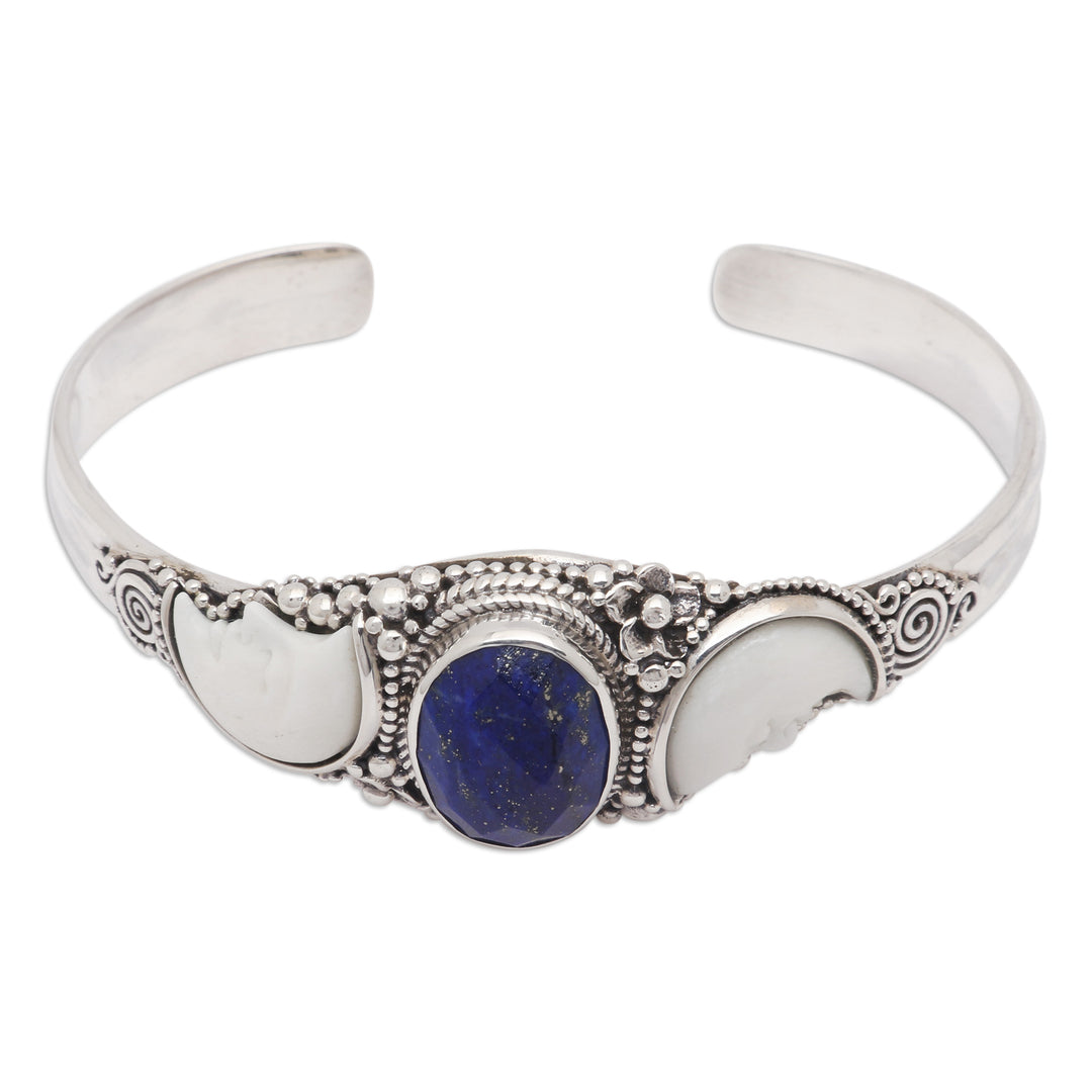 Moon-Themed Seven-Carat Lapis Lazuli Cuff Bracelet from Bali - Lunar Twins