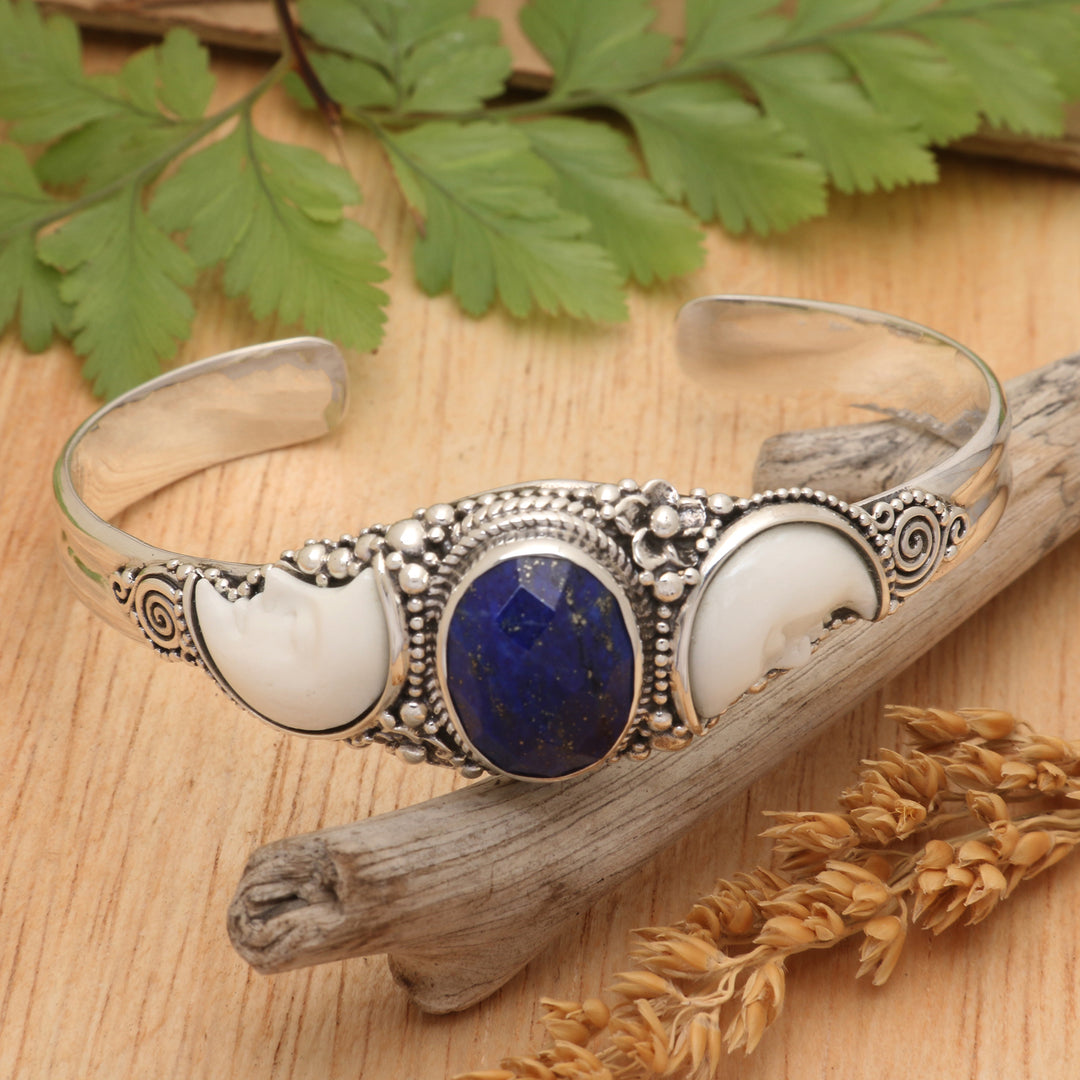 Moon-Themed Seven-Carat Lapis Lazuli Cuff Bracelet from Bali - Lunar Twins