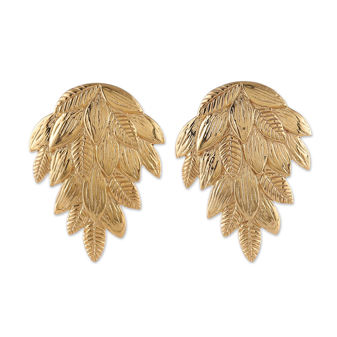 High-Polished Leafy Embossed Brass Drop Earrings - Cascade of Leaves