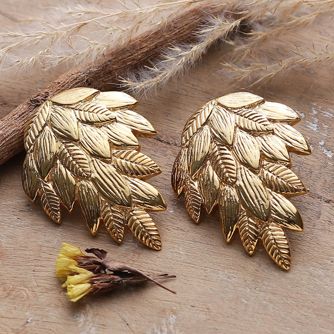 High-Polished Leafy Embossed Brass Drop Earrings - Cascade of Leaves