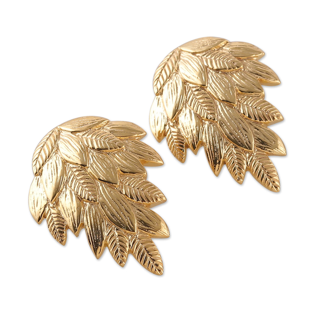 High-Polished Leafy Embossed Brass Drop Earrings - Cascade of Leaves