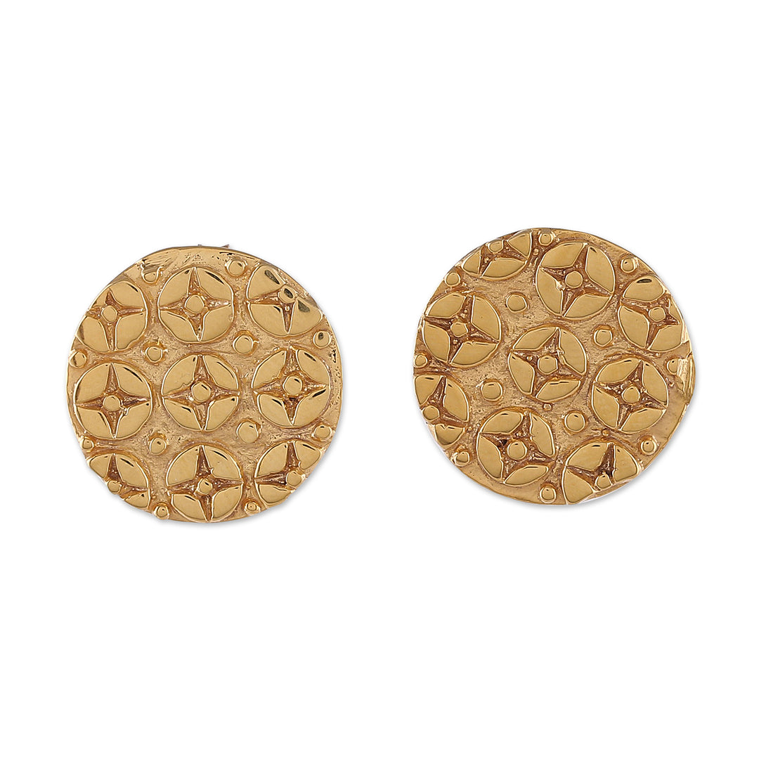 Star-Themed High-Polished Round Brass Button Earrings - Symphony of Stars