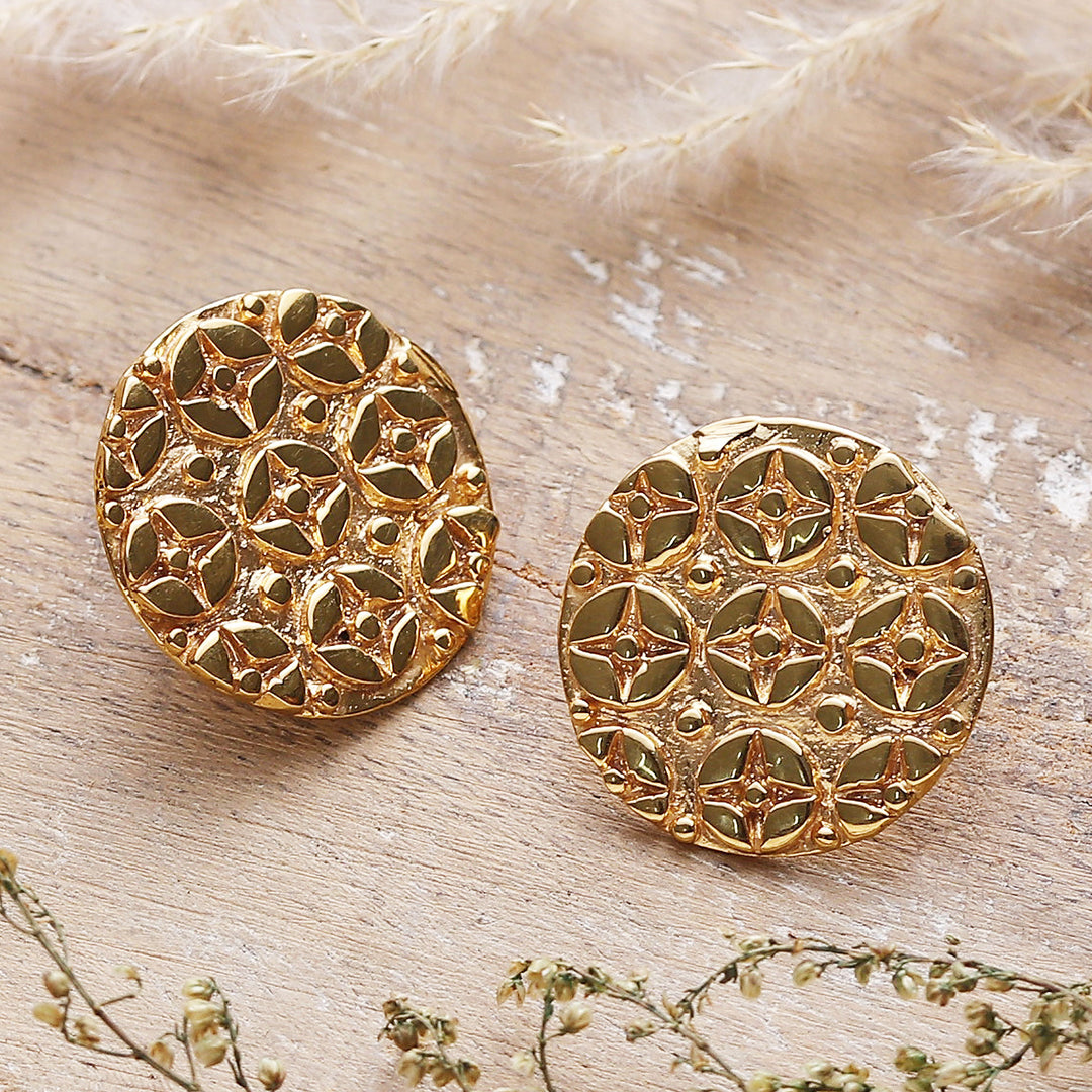 Star-Themed High-Polished Round Brass Button Earrings - Symphony of Stars