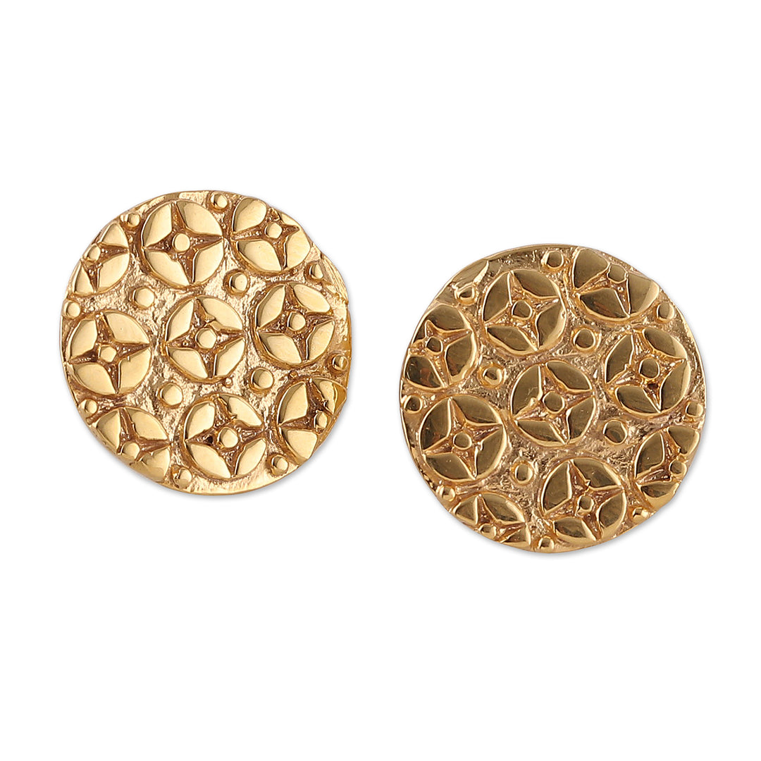 Star-Themed High-Polished Round Brass Button Earrings - Symphony of Stars