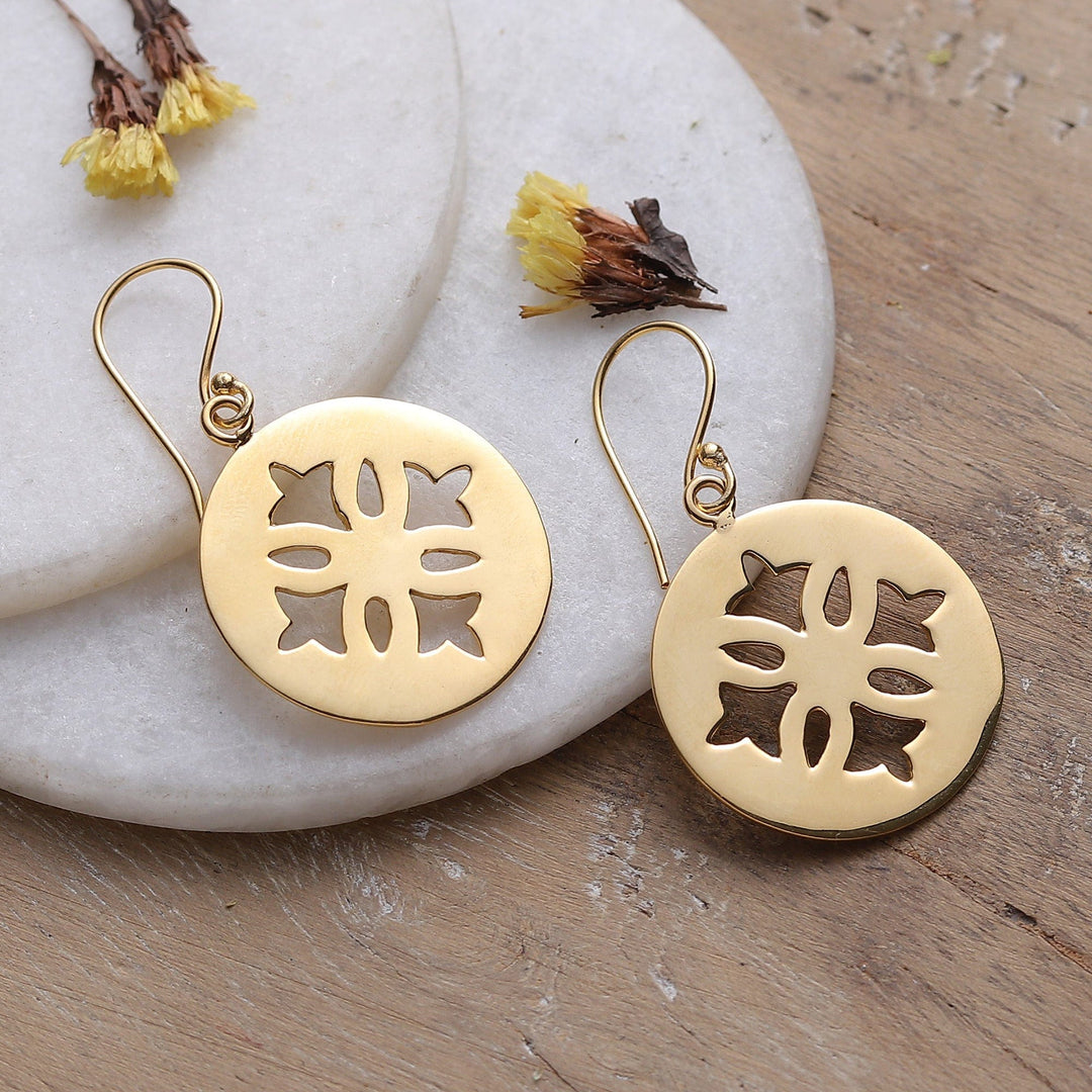 Floral High-Polished Round Brass Dangle Earrings from India - Spring Seal