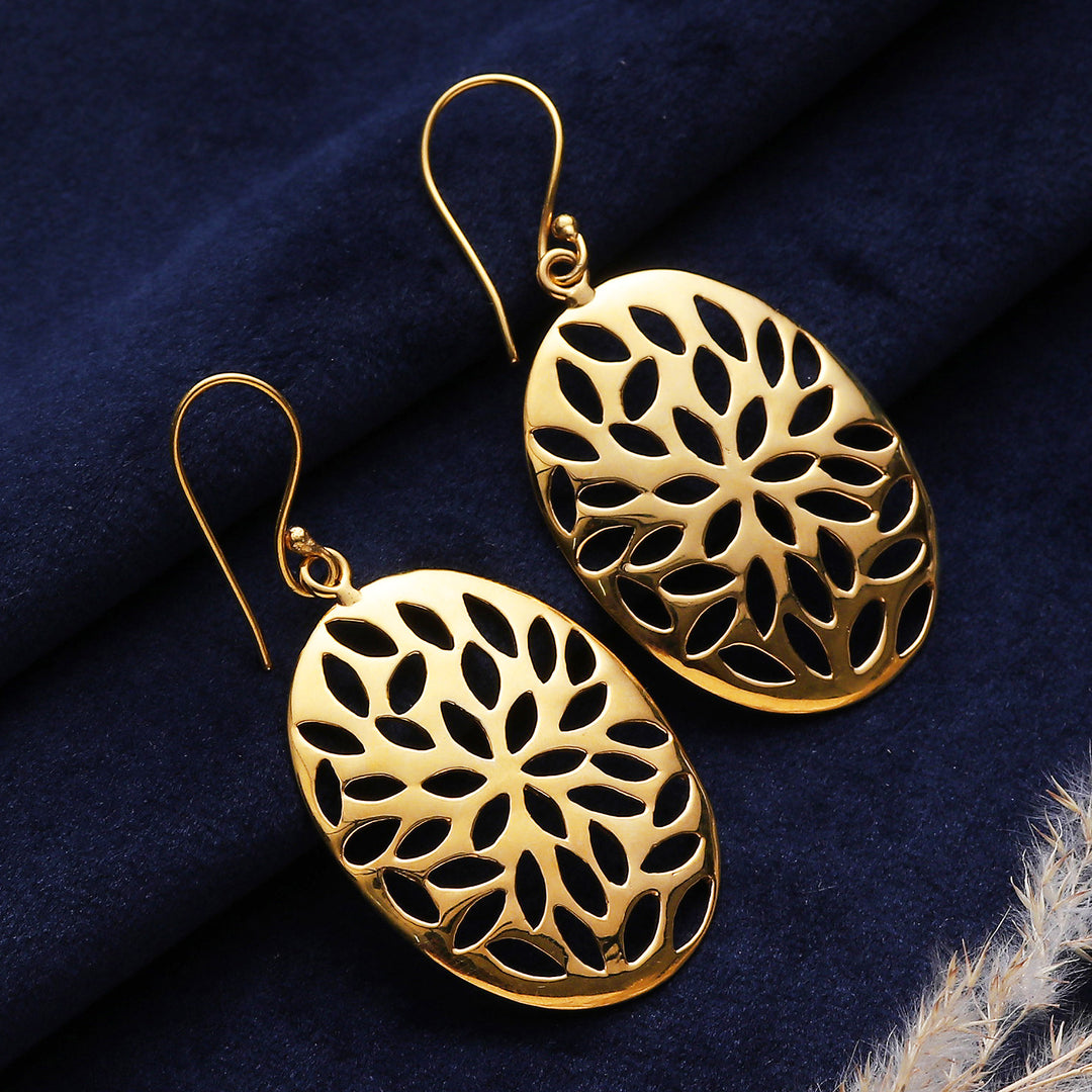 Floral Ellipse-Shaped Brass Dangle Earrings in a High Polish - Petals & Glamour