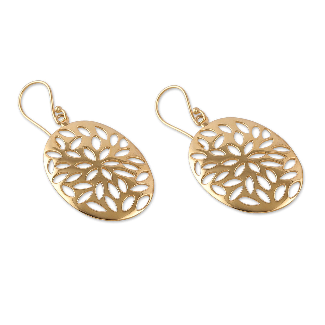 Floral Ellipse-Shaped Brass Dangle Earrings in a High Polish - Petals & Glamour