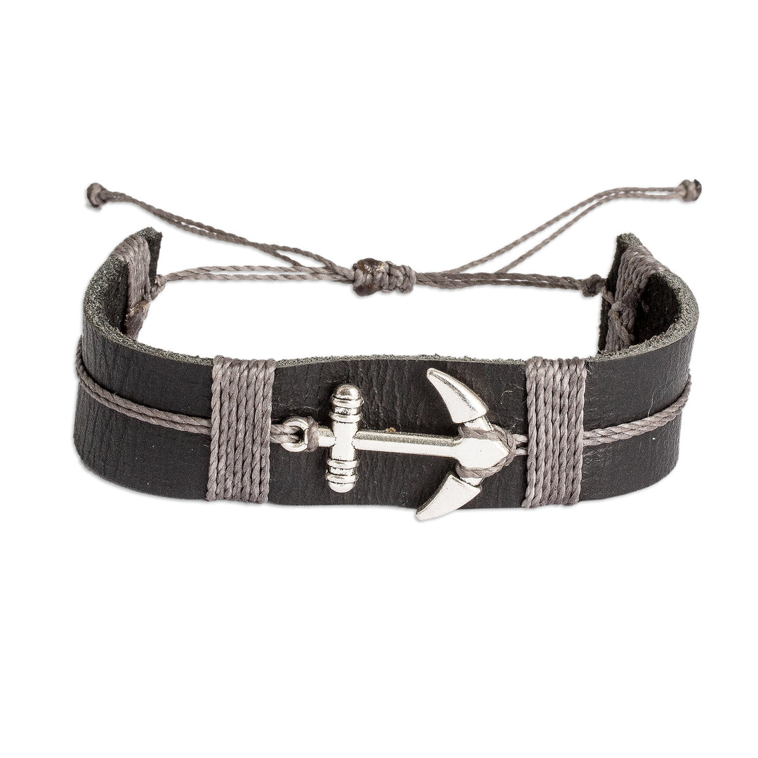 Men's Black Leather Stainless Steel Anchor Pendant Bracelet - High Seas Anchor