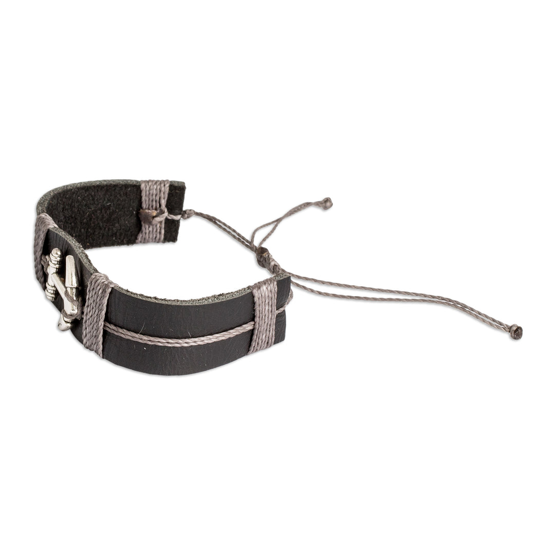 Men's Black Leather Stainless Steel Anchor Pendant Bracelet - High Seas Anchor